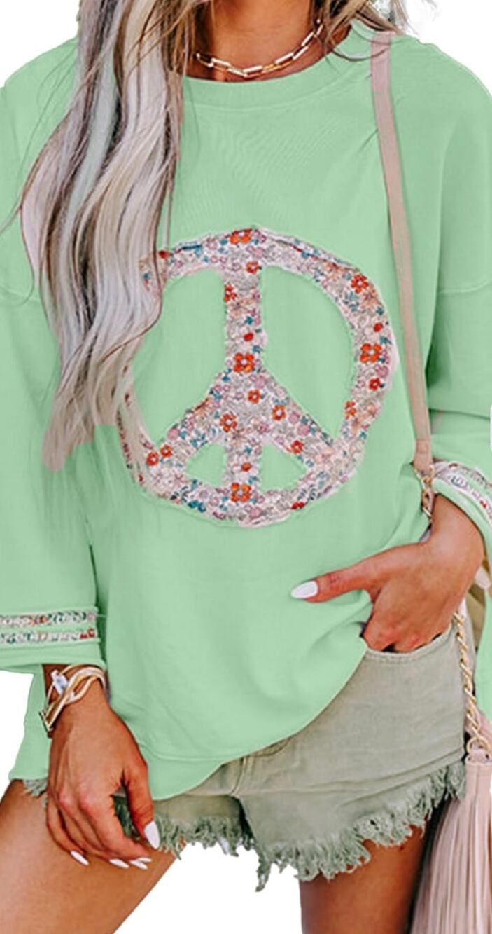 KevaMolly Women XL Light Green Floral Peace Sign Oversized Sweatshirt Boho